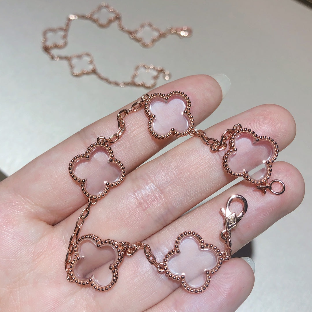 [baslovejewels]CLOVER 5 MOTIF ROCK CRYSTAL PINK GOLD BRACELET