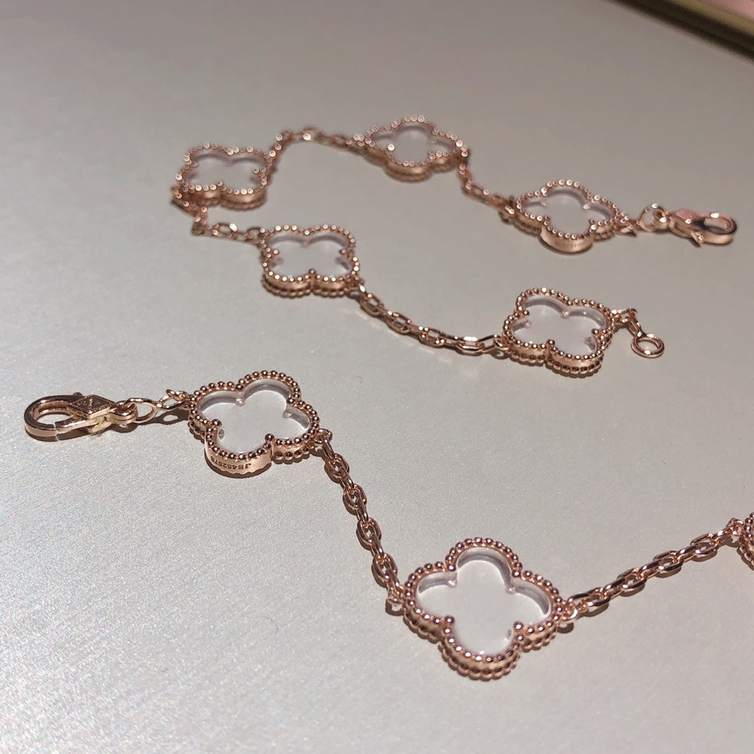 [baslovejewels]CLOVER 5 MOTIF ROCK CRYSTAL PINK GOLD BRACELET