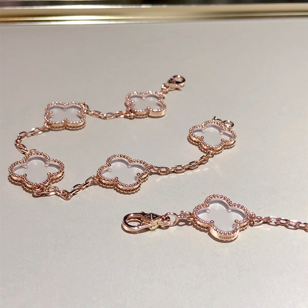 [baslovejewels]CLOVER 5 MOTIF ROCK CRYSTAL PINK GOLD BRACELET