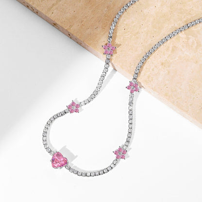 [baslovejewels]Dazzling Pink Heart Flower Necklace