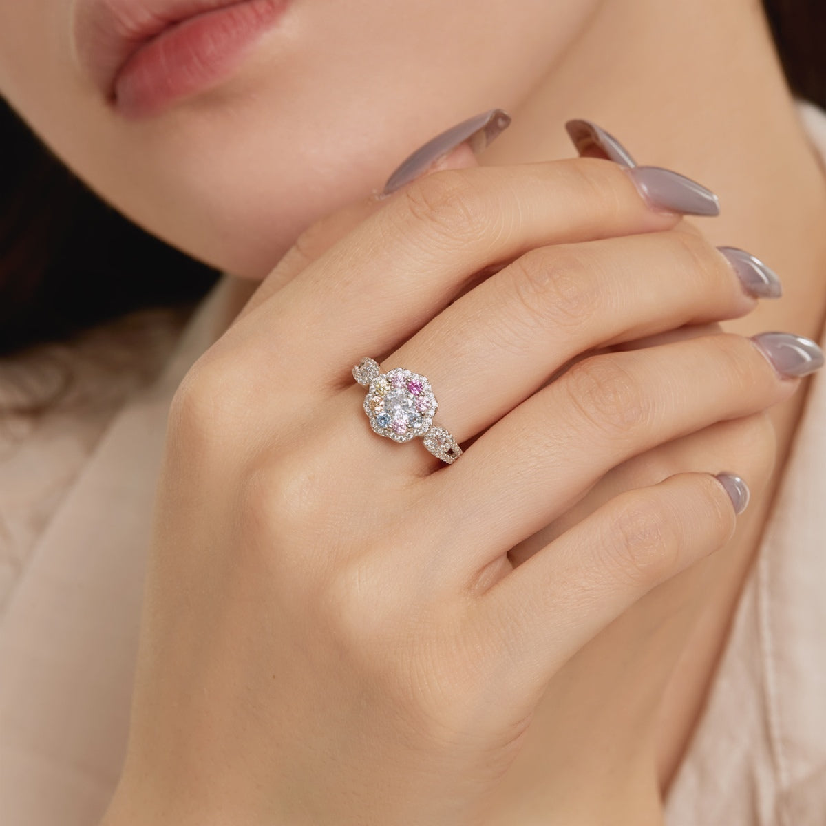 [baslovejewels]Delicate Colorful Round Cut Flower Shape Wedding Ring