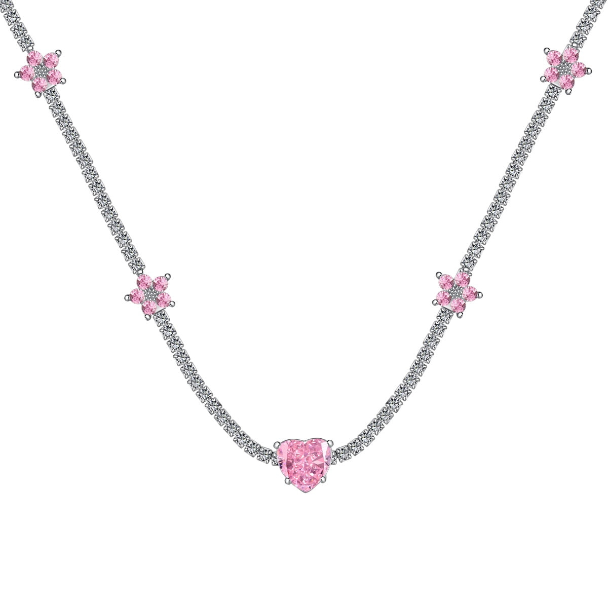 [baslovejewels]Dazzling Pink Heart Flower Necklace