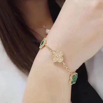 [baslovejewels]CLOVER  5 MOTIF MALACHITE DIAMOND BRACELET