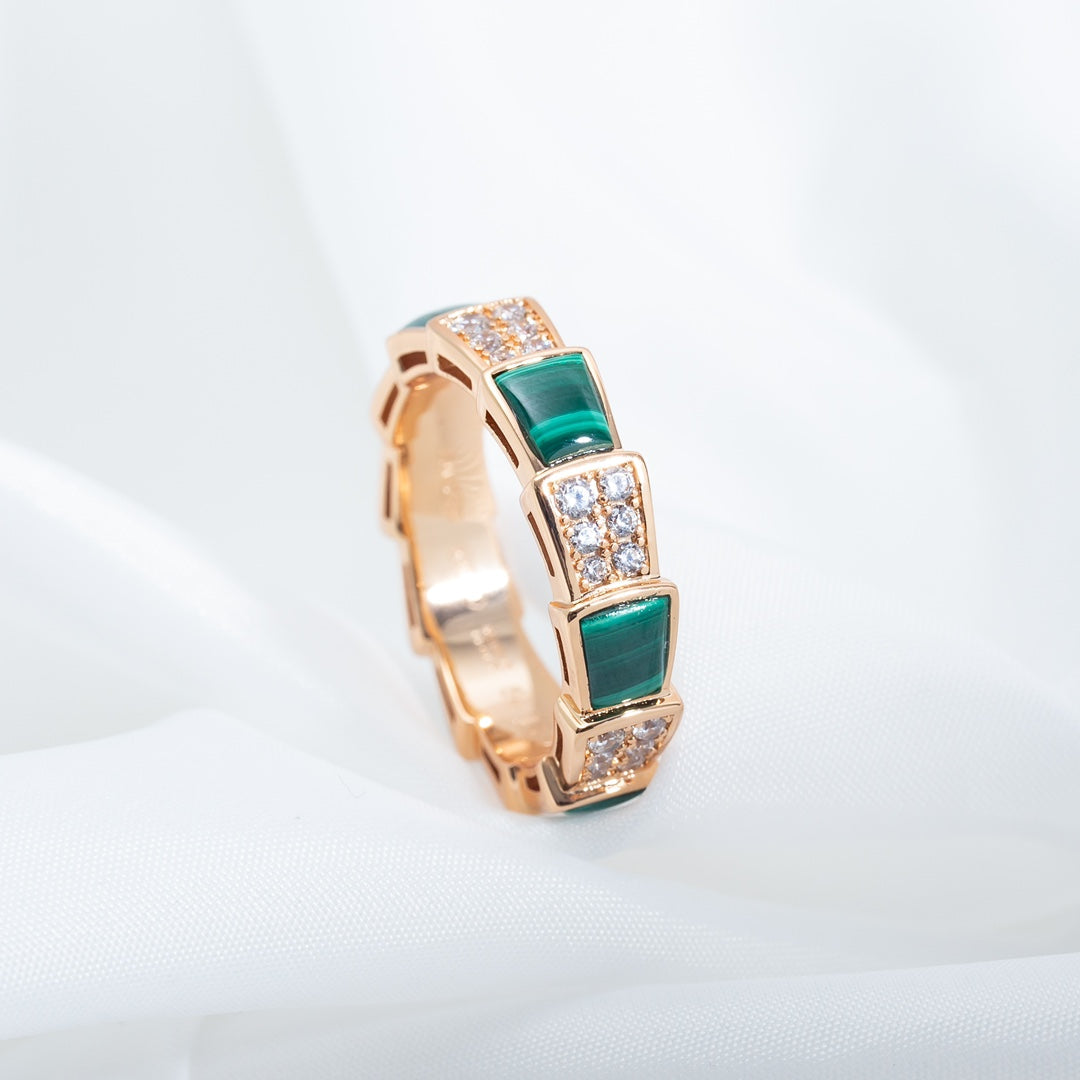 [baslovejewels]SERPENTI RING PINK GOLD MALACHITE DIAMOND PAVED 4MM