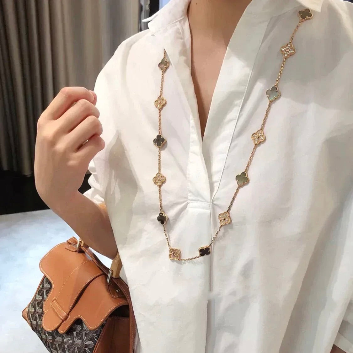 [baslovejewels]CLOVER 20 MOTIFS DARK MOP DIAMOND  NECKLACE