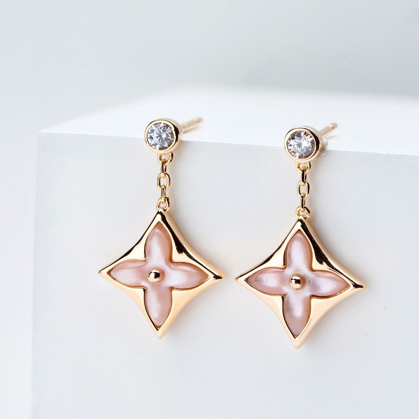 [baslovejewels]DOUBLE STAR PINK GOLD MOP DROP EARRINGS