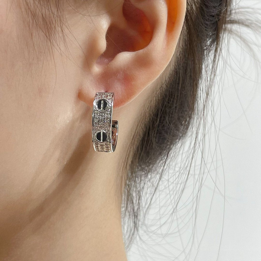 [baslovejewels]LOVE CERAMIC DIAMOND PAVED SILVER EARRINGS