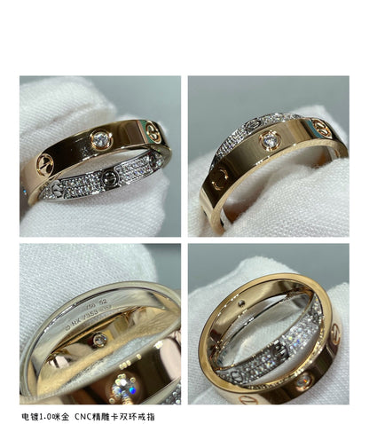[baslovejewels]LOVE PINK GOLD SILVER DIAMOND DOUBLE RING