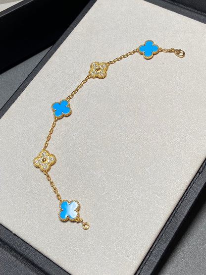 [baslovejewels]CLOVER 5 MOTIF BLUE CHALCEDONY DIAMOND GOLD BRACELET