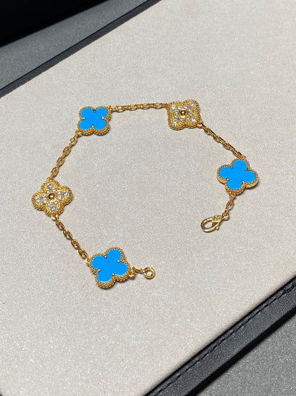 [baslovejewels]CLOVER 5 MOTIF BLUE CHALCEDONY DIAMOND GOLD BRACELET