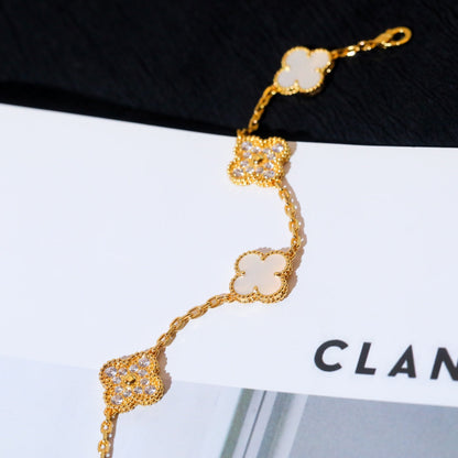 [baslovejewels]CLOVER BRACELET 5 MOTIF WHITE MOP DIAMOND