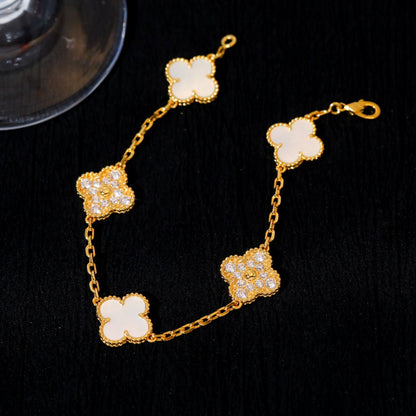 [baslovejewels]CLOVER BRACELET 5 MOTIF WHITE MOP DIAMOND