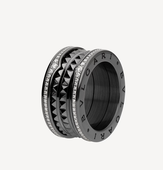 [baslovejewels]ZERO 1 ROCK FOUR-BAND BLACK CERAMIC WITH STUDDED SPIRAL AND PAVED DIAMONDS RING