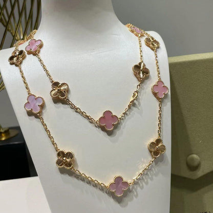 [baslovejewels]CLOVER 20 MOTIFS LASER PINK MOP NECKLACE