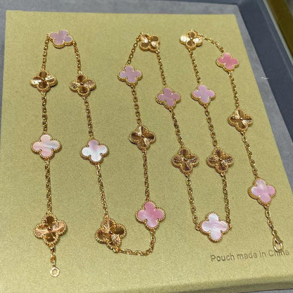 [baslovejewels]CLOVER 20 MOTIFS LASER PINK MOP NECKLACE