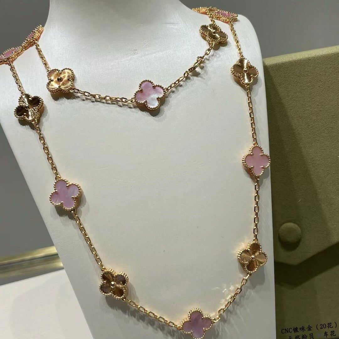 [baslovejewels]CLOVER 20 MOTIFS LASER PINK MOP NECKLACE