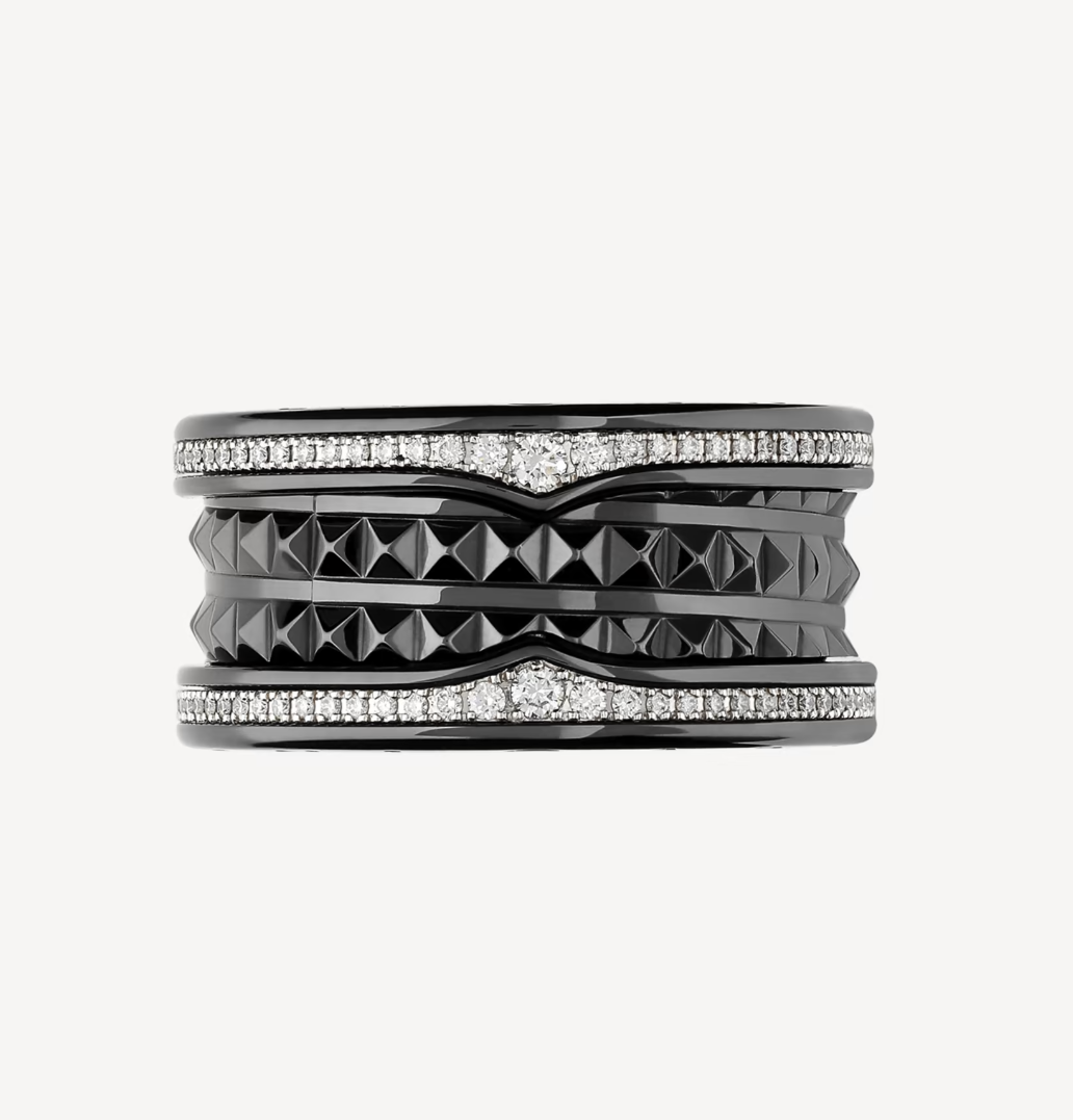 [baslovejewels]ZERO 1 ROCK FOUR-BAND BLACK CERAMIC WITH STUDDED SPIRAL AND PAVED DIAMONDS RING