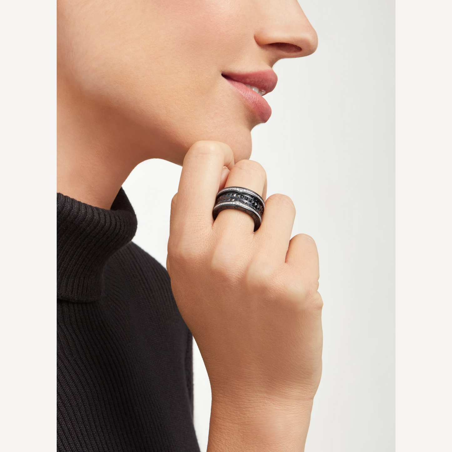 [baslovejewels]ZERO 1 ROCK FOUR-BAND BLACK CERAMIC WITH STUDDED SPIRAL AND PAVED DIAMONDS RING