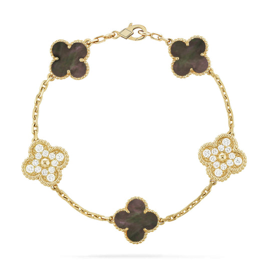[baslovejewels]CLOVER 5 MOTIF GRAY MOP DIAMOND BRACELET