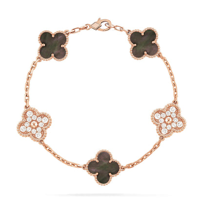 [baslovejewels]CLOVER 5 MOTIFS DARK MOP AND DIAMONDS PINK GOLD BRACELET