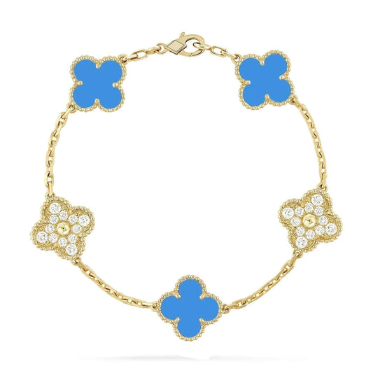 [baslovejewels]CLOVER 5 MOTIF BLUE CHALCEDONY DIAMOND GOLD BRACELET