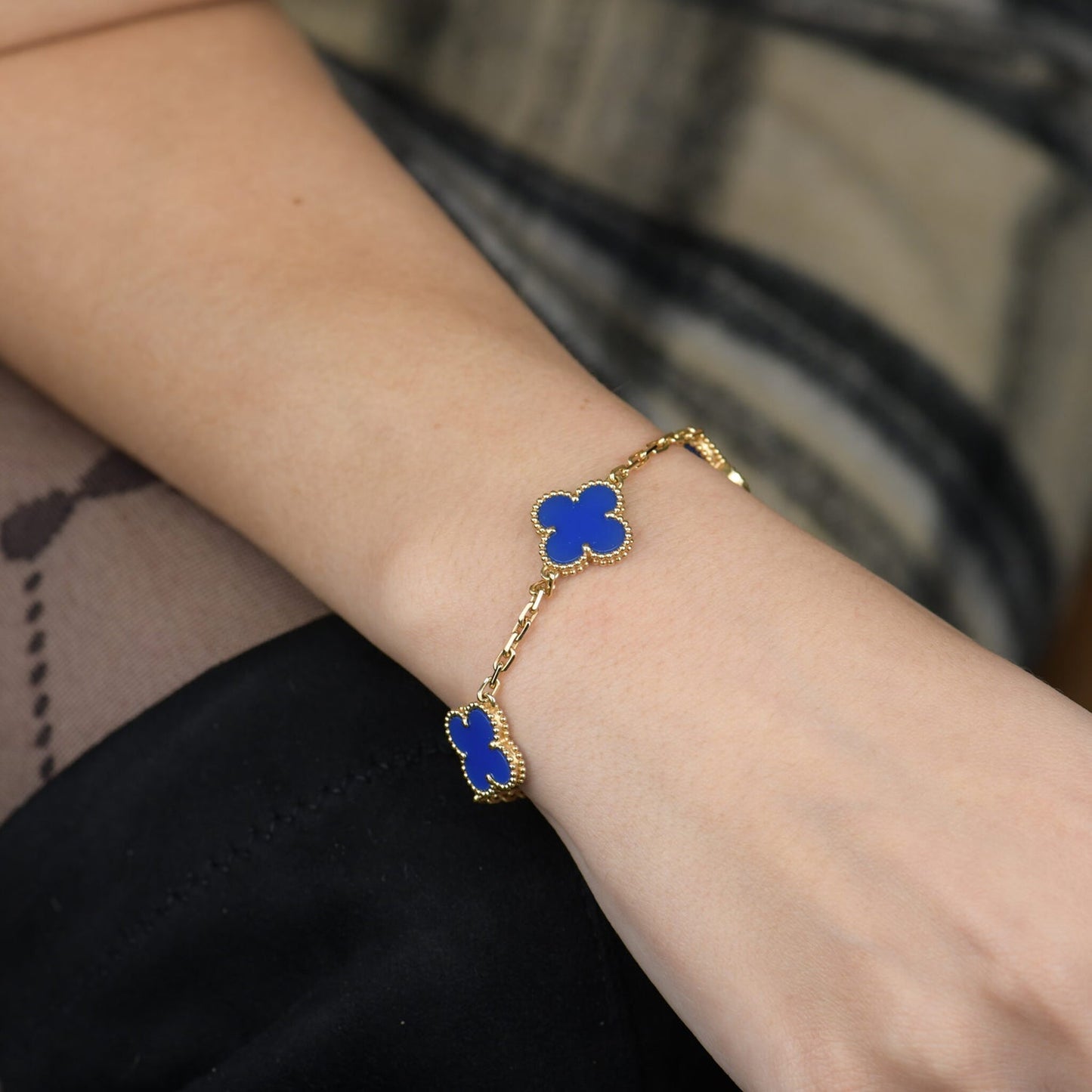 [baslovejewels]CLOVER 5 MOTIFS BLUE AGATE BRACELET