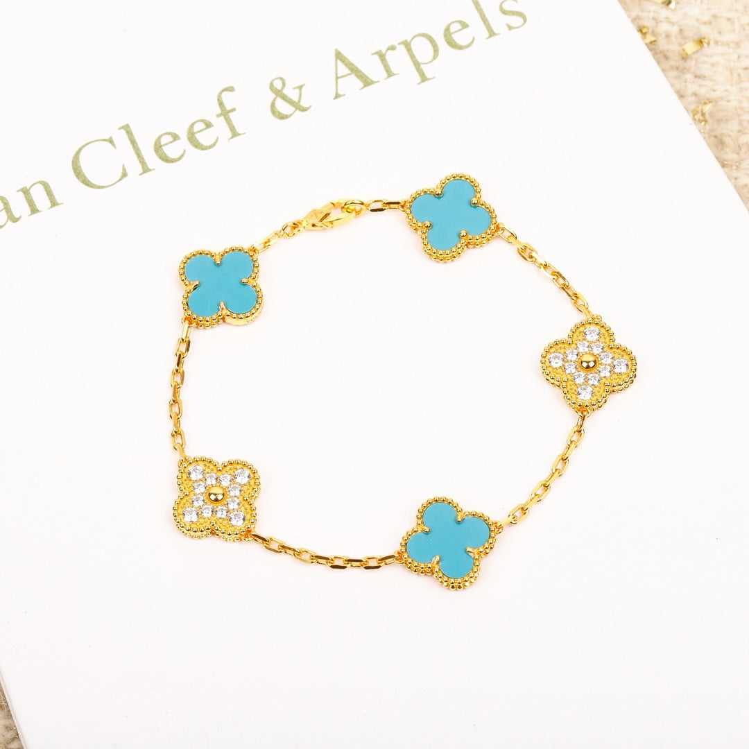 [baslovejewels]CLOVER 5 MOTIF TURQUOISE DIAMOND GOLD BRACELET