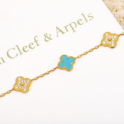 [baslovejewels]CLOVER 5 MOTIF TURQUOISE DIAMOND GOLD BRACELET