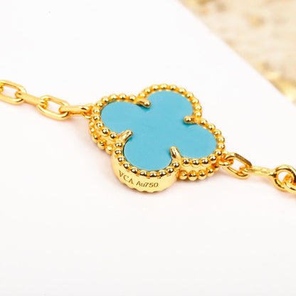 [baslovejewels]CLOVER 5 MOTIF TURQUOISE DIAMOND GOLD BRACELET