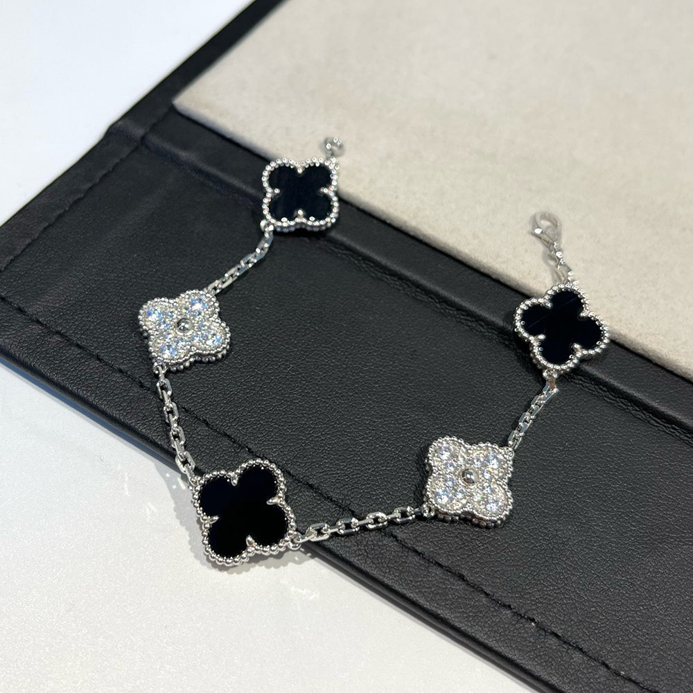 [baslovejewels]CLOVER 5 MOTIF ONYXS DIAMOND BRACELET SILVER