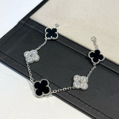 [baslovejewels]CLOVER 5 MOTIF ONYXS DIAMOND BRACELET SILVER