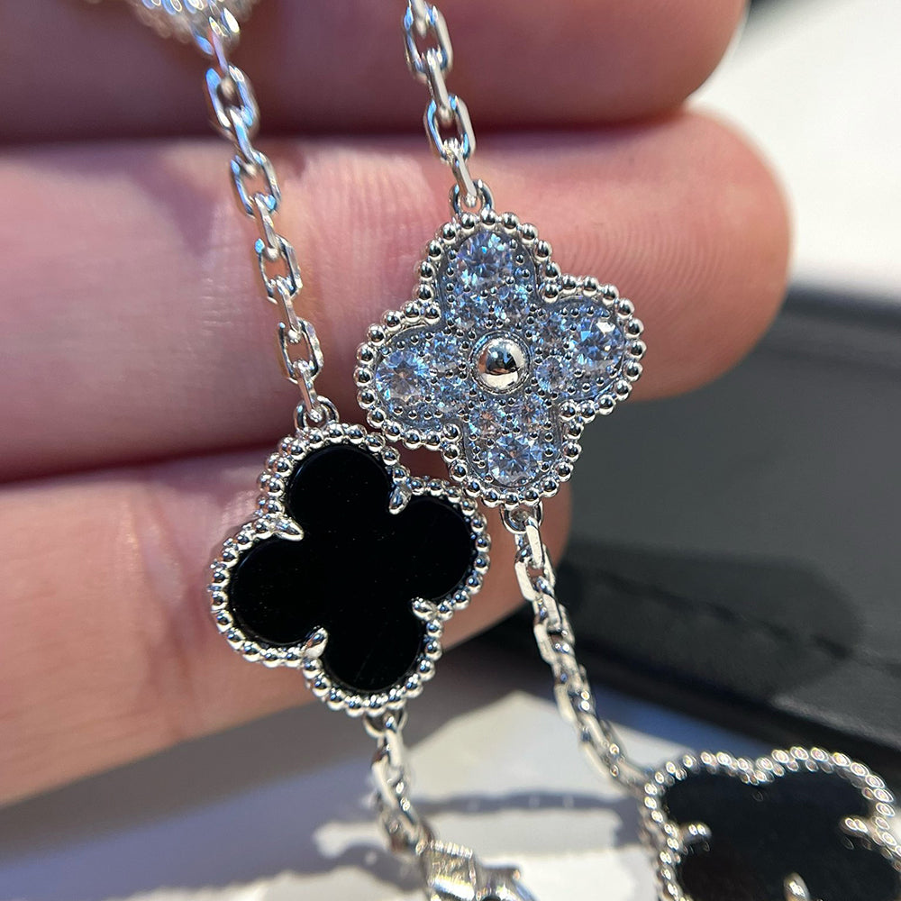 [baslovejewels]CLOVER 5 MOTIF ONYXS DIAMOND BRACELET SILVER