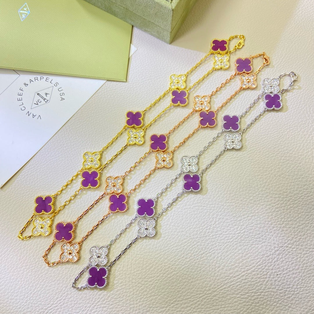 [baslovejewels]CLOVER 10 MOTIFS  PURPLE VIOLET DIAMOND NECKLACE