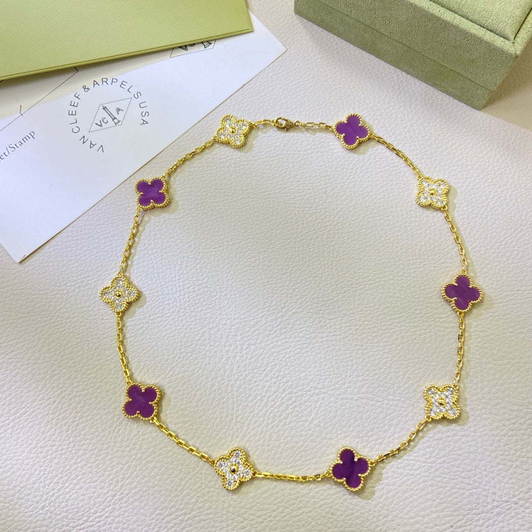 [baslovejewels]CLOVER 10 MOTIFS  PURPLE VIOLET DIAMOND NECKLACE