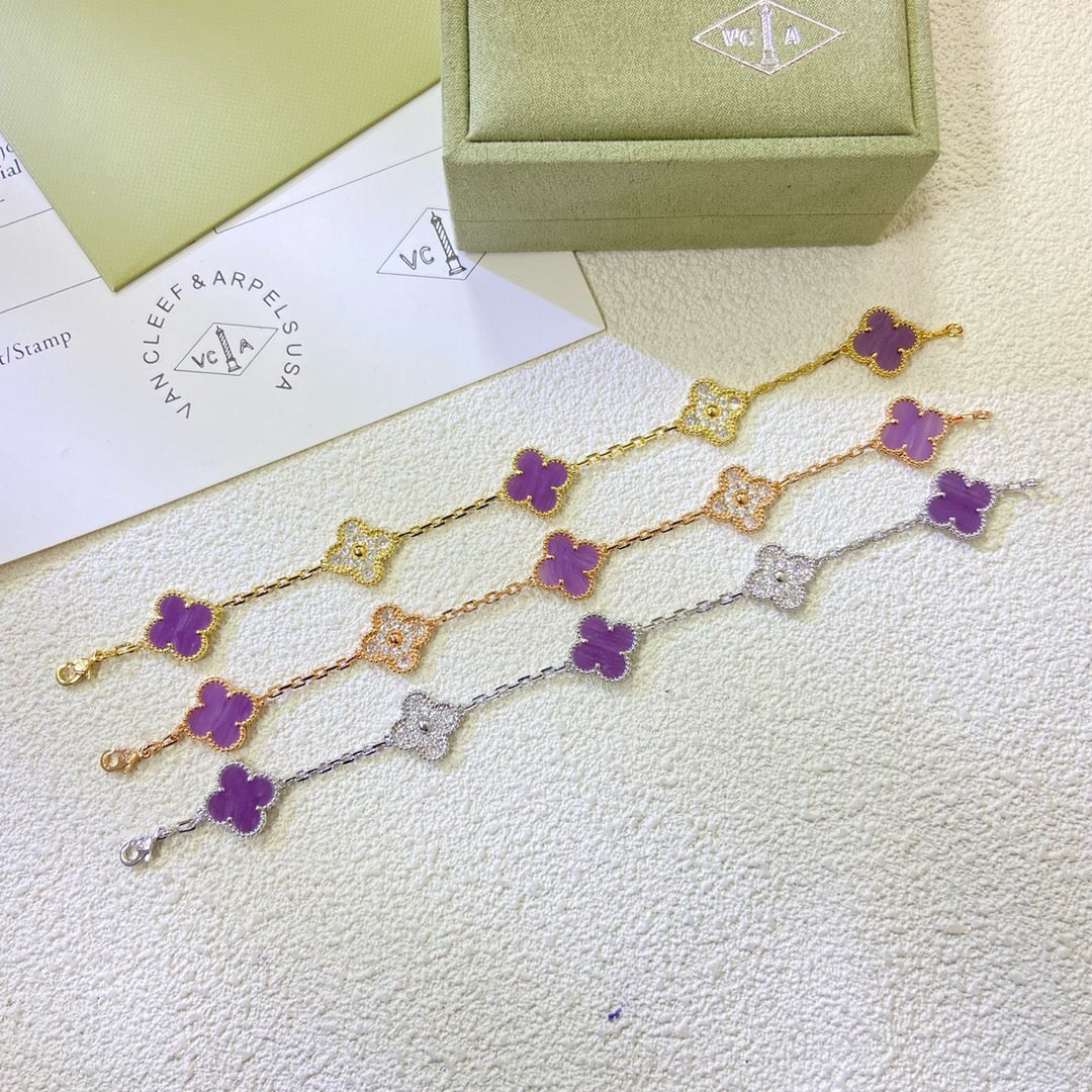 [baslovejewels]CLOVER  5 MOTIFS  PURPLE VIOLET DIAMOND BRACELET