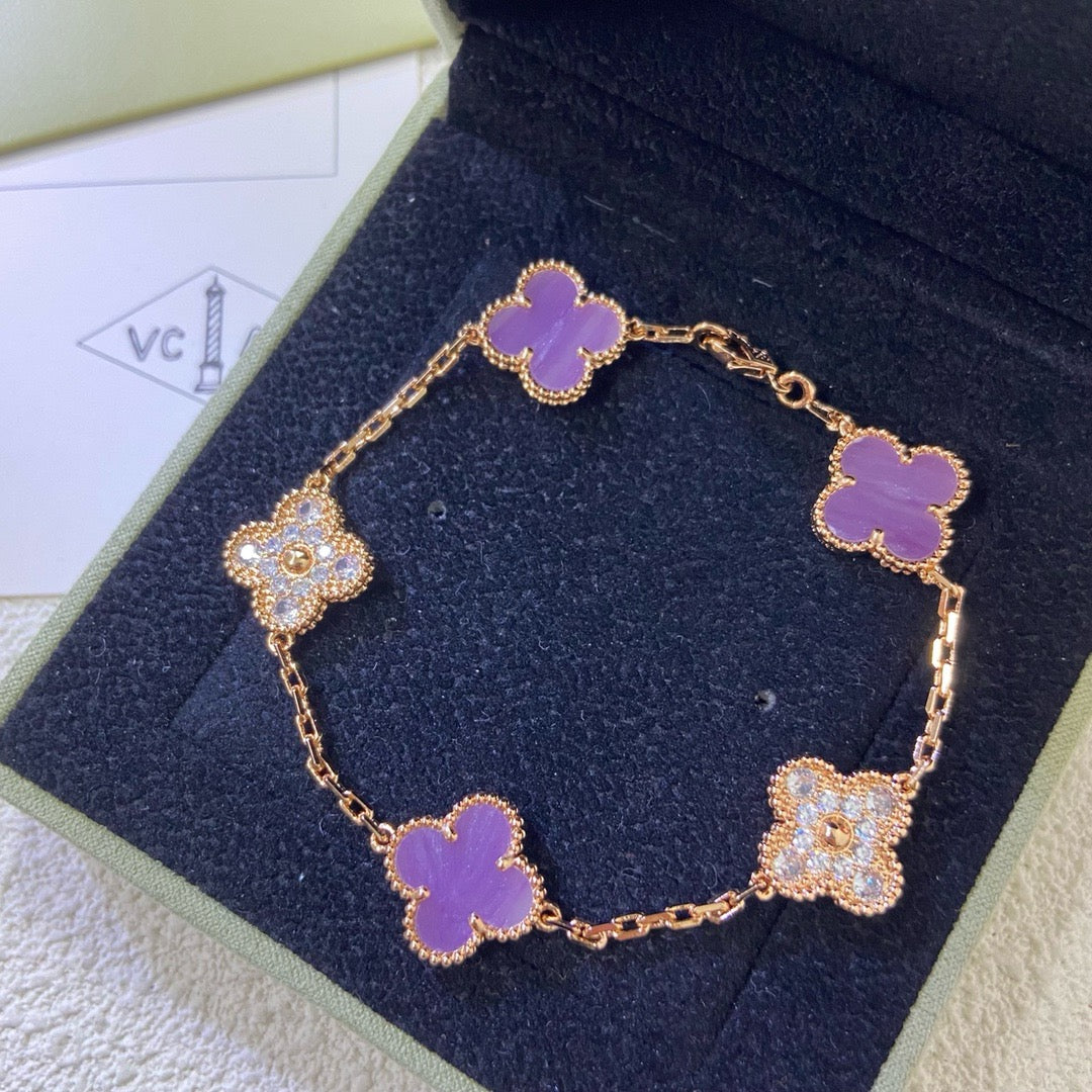 [baslovejewels]CLOVER  5 MOTIFS  PURPLE VIOLET DIAMOND BRACELET