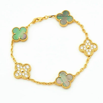 [baslovejewels]CLOVER 5 MOTIF GRAY MOP DIAMOND BRACELET