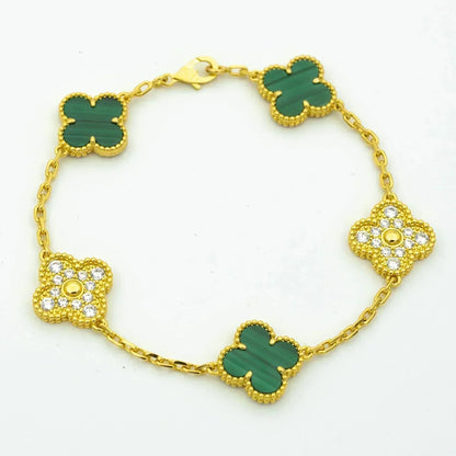 [baslovejewels]CLOVER  5 MOTIF MALACHITE DIAMOND BRACELET