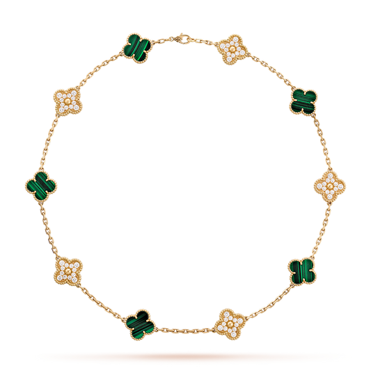 [baslovejewels]CLOVER 10 MOTIFS MALACHITE DIAMOND NECKLACE